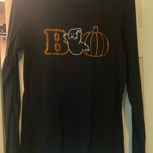 Bella Canvas Custom Halloween Black Long Sleeve Bling Tee Ghost Pumpkin “Boo”